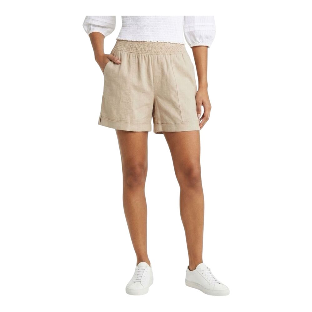 WIT & WISDOM Tan Linen Smocked Waist Shorts size Medium